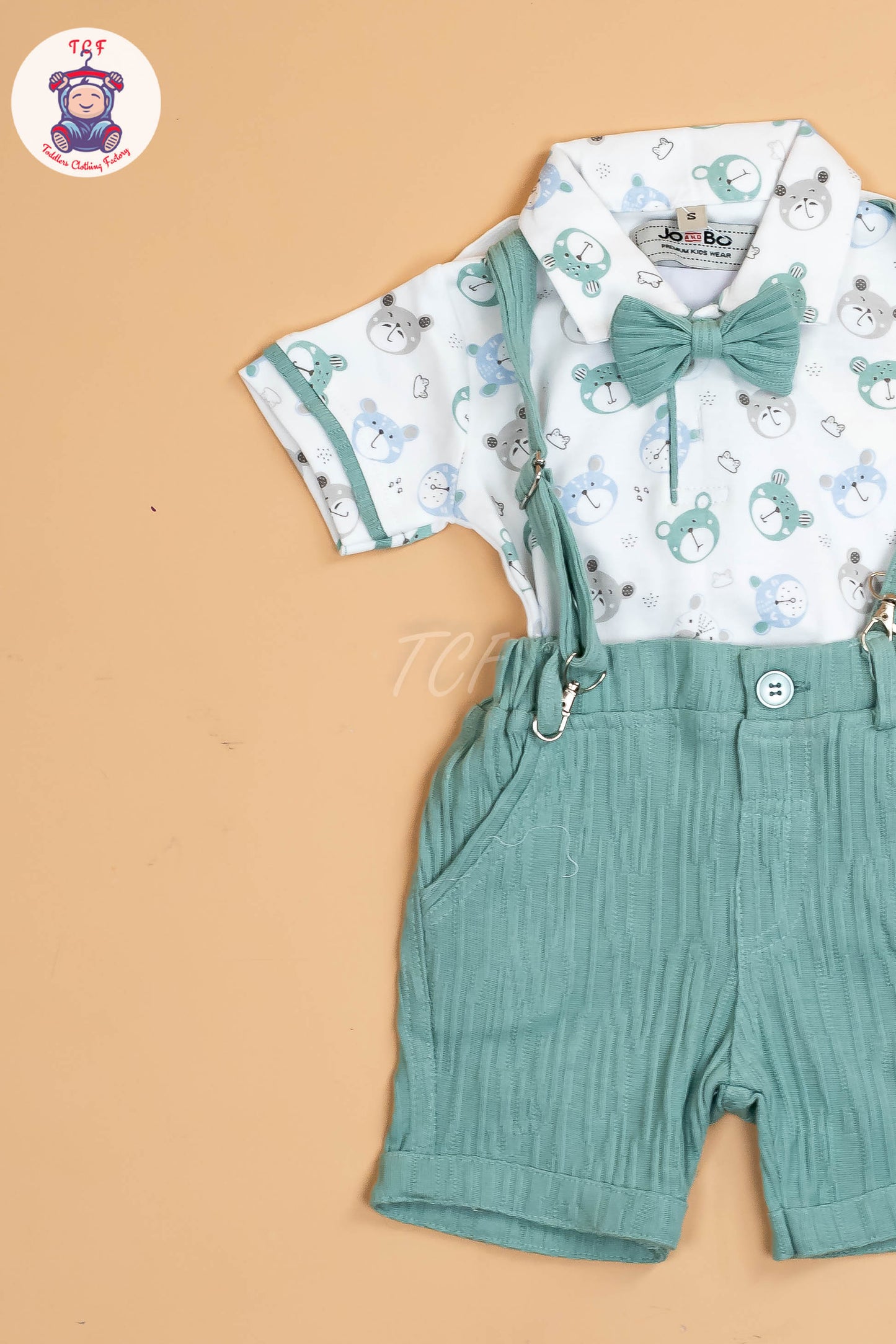 White Floral & Green - Half Sleeves Shirts & Shorts Set With Suspender & Bow