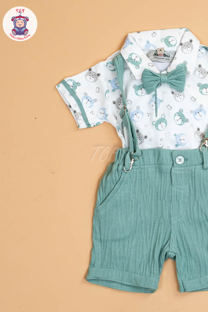 White Floral & Green - Half Sleeves Shirts & Shorts Set With Suspender & Bow
