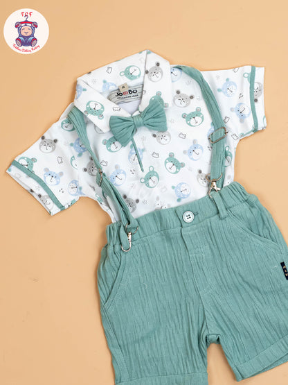White Floral & Green - Half Sleeves Shirts & Shorts Set With Suspender & Bow