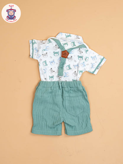 White Floral & Green - Half Sleeves Shirts & Shorts Set With Suspender & Bow