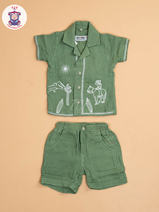 Green - Boys Readymade Cotton Shirts & Shorts