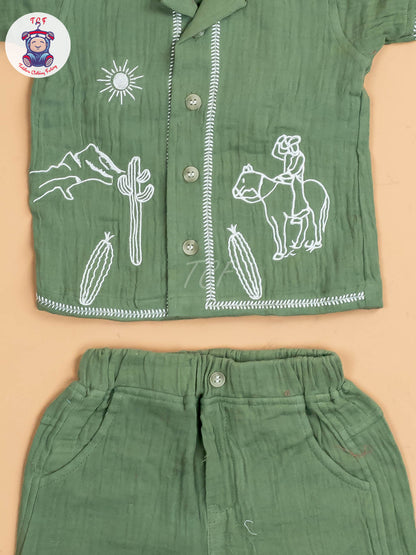 Green - Boys Readymade Cotton Shirts & Shorts