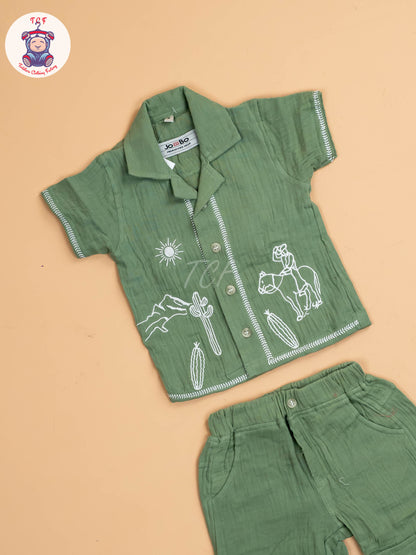 Green - Boys Readymade Cotton Shirts & Shorts