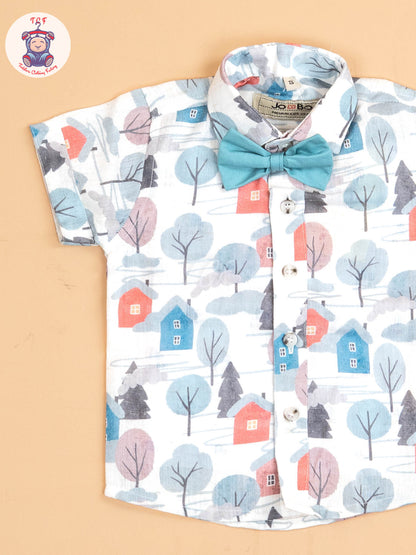 Blue - Half Sleeves Shirts & Shorts Set With Suspender & Bow