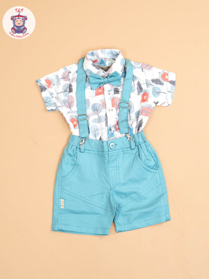 Blue - Half Sleeves Shirts & Shorts Set With Suspender & Bow