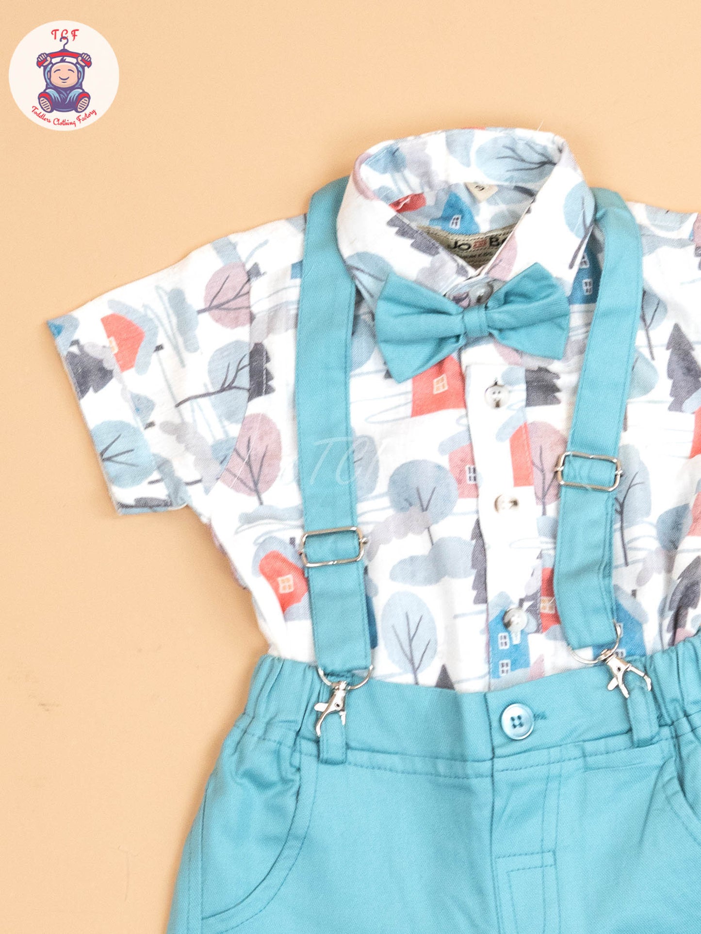 Blue - Half Sleeves Shirts & Shorts Set With Suspender & Bow
