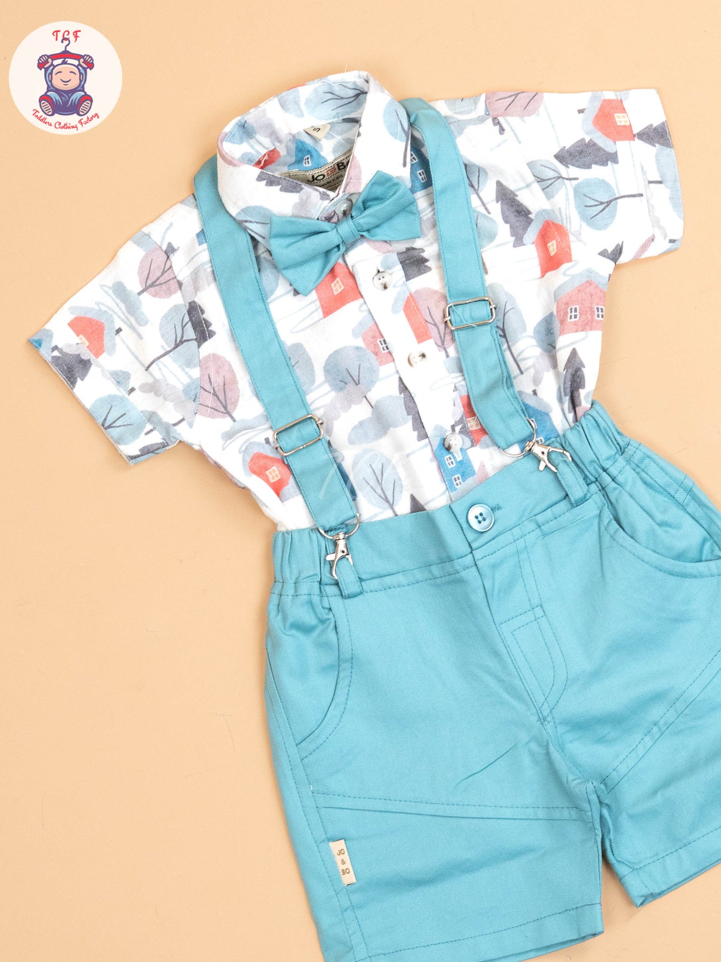 Blue - Half Sleeves Shirts & Shorts Set With Suspender & Bow