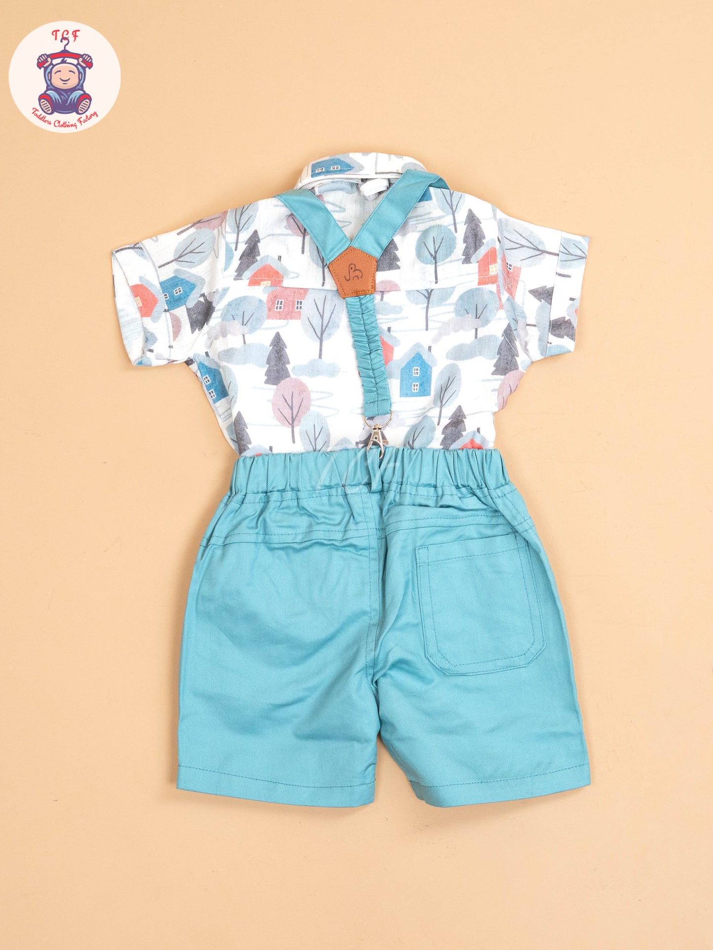Blue - Half Sleeves Shirts & Shorts Set With Suspender & Bow