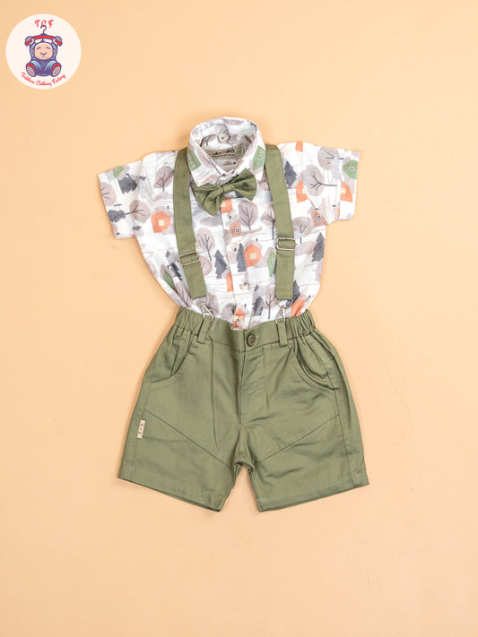 Green - Half Sleeves Shirts & Shorts Set With Suspender & Bow