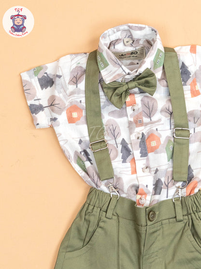 Green - Half Sleeves Shirts & Shorts Set With Suspender & Bow