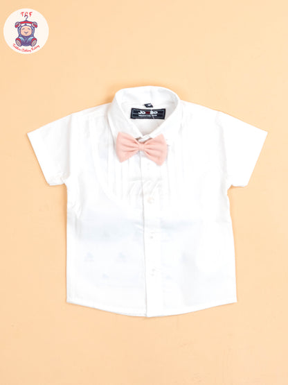 White & Peach - Half Sleeves Shirts & Shorts Set With Suspender & Bow