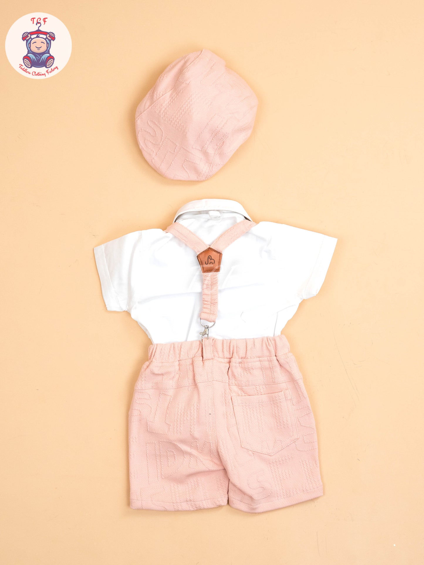 White & Peach - Half Sleeves Shirts & Shorts Set With Suspender & Bow
