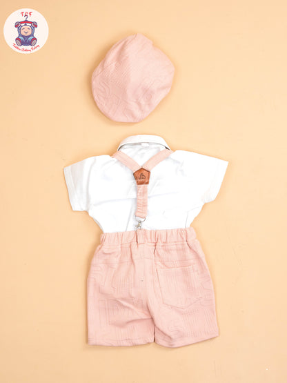 White & Peach - Half Sleeves Shirts & Shorts Set With Suspender & Bow