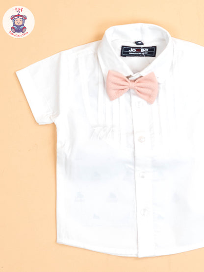White & Peach - Half Sleeves Shirts & Shorts Set With Suspender & Bow