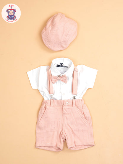 White & Peach - Half Sleeves Shirts & Shorts Set With Suspender & Bow