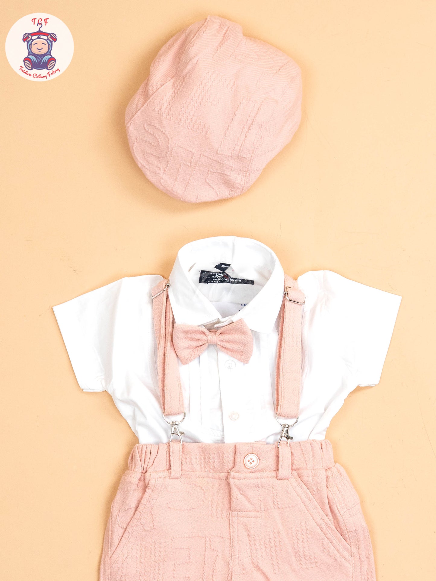 White & Peach - Half Sleeves Shirts & Shorts Set With Suspender & Bow