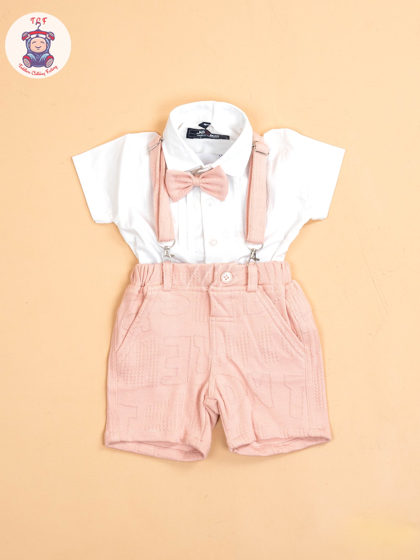 White & Peach - Half Sleeves Shirts & Shorts Set With Suspender & Bow