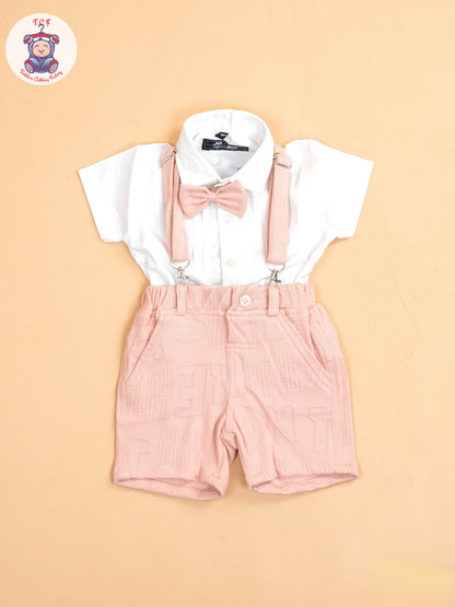 White & Peach - Half Sleeves Shirts & Shorts Set With Suspender & Bow