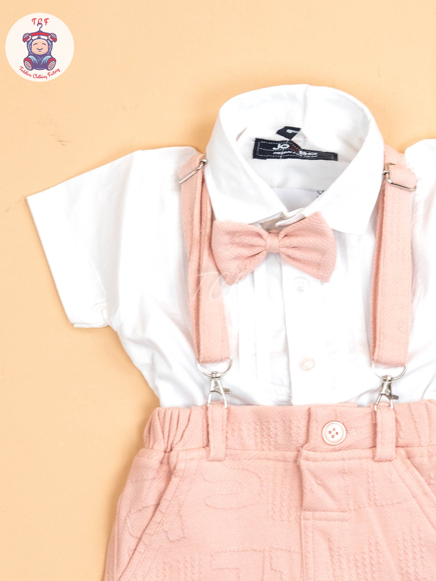 White & Peach - Half Sleeves Shirts & Shorts Set With Suspender & Bow