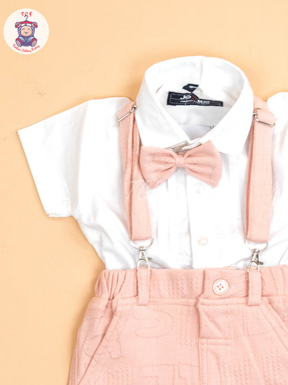 White & Peach - Half Sleeves Shirts & Shorts Set With Suspender & Bow