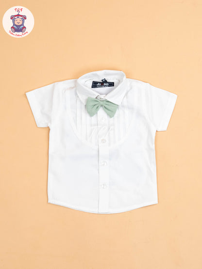 White & Green - Half Sleeves Shirts & Shorts Set With Suspender & Bow