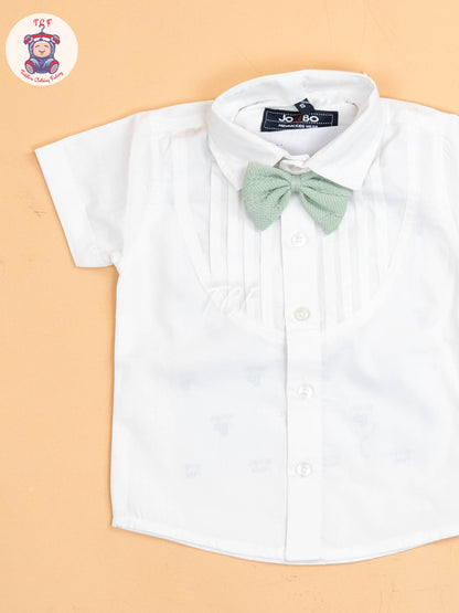 White & Green - Half Sleeves Shirts & Shorts Set With Suspender & Bow