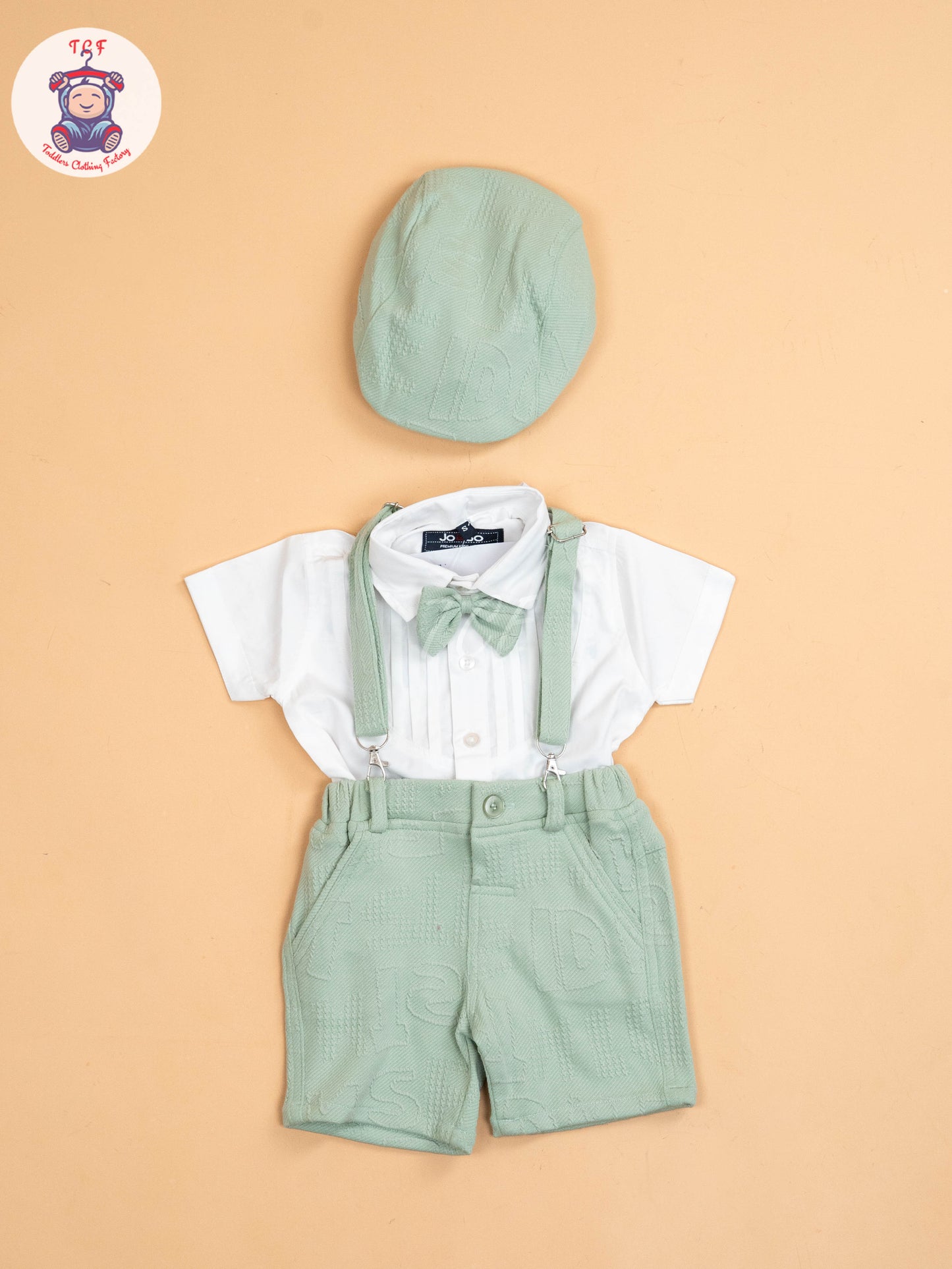 White & Green - Half Sleeves Shirts & Shorts Set With Suspender & Bow
