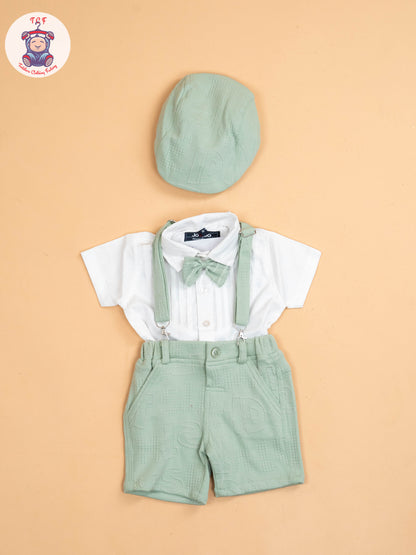 White & Green - Half Sleeves Shirts & Shorts Set With Suspender & Bow