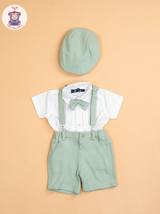 White & Green - Half Sleeves Shirts & Shorts Set With Suspender & Bow