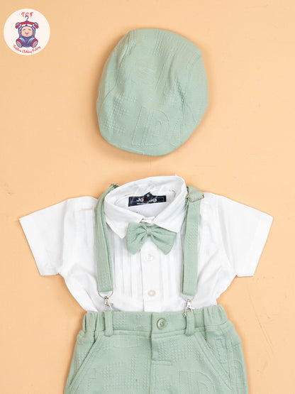 White & Green - Half Sleeves Shirts & Shorts Set With Suspender & Bow