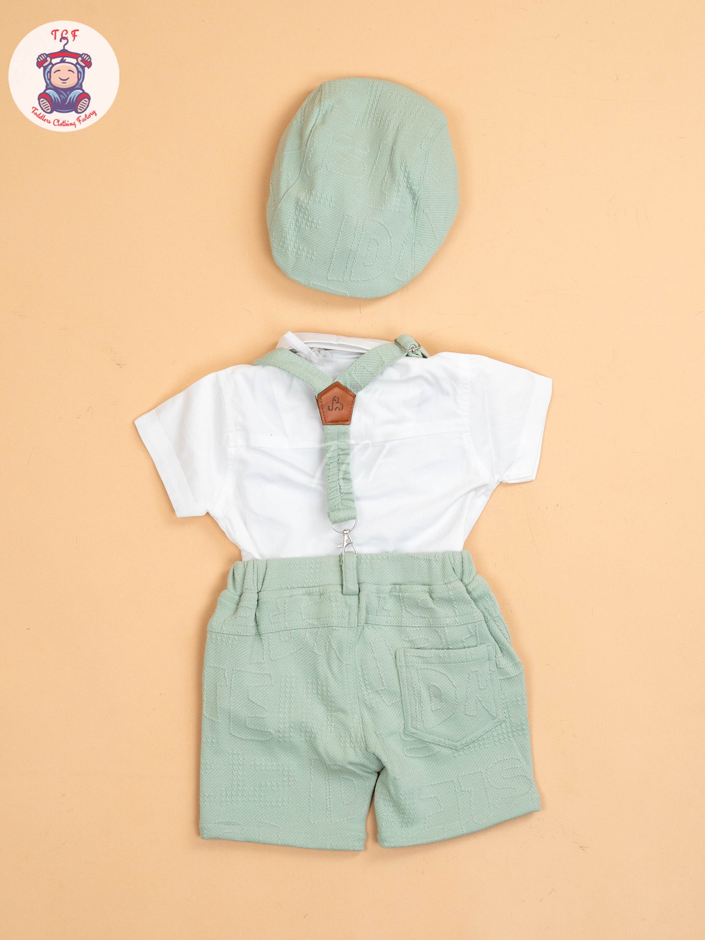 White & Green - Half Sleeves Shirts & Shorts Set With Suspender & Bow