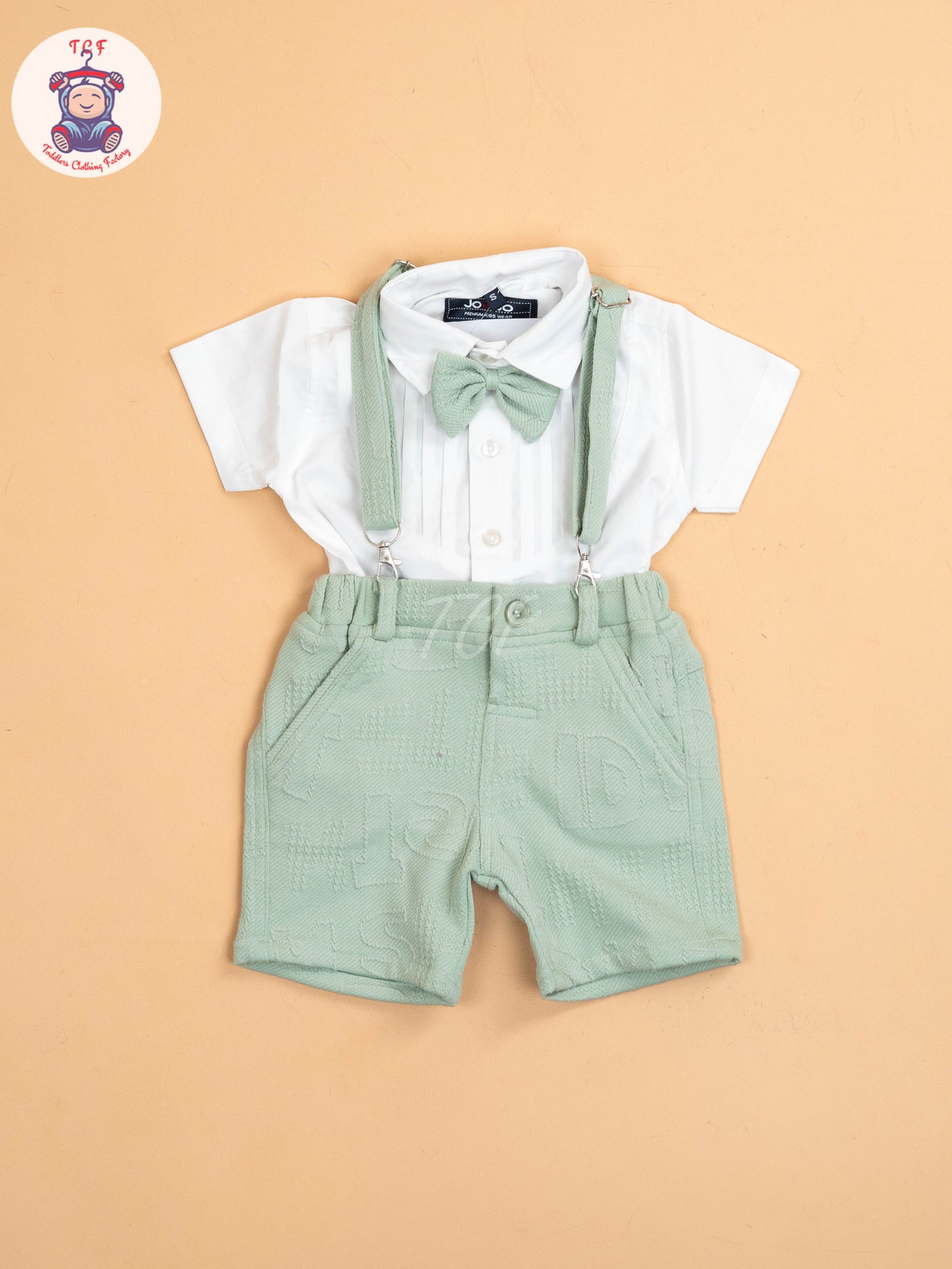 White & Green - Half Sleeves Shirts & Shorts Set With Suspender & Bow