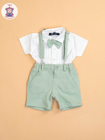White & Green - Half Sleeves Shirts & Shorts Set With Suspender & Bow
