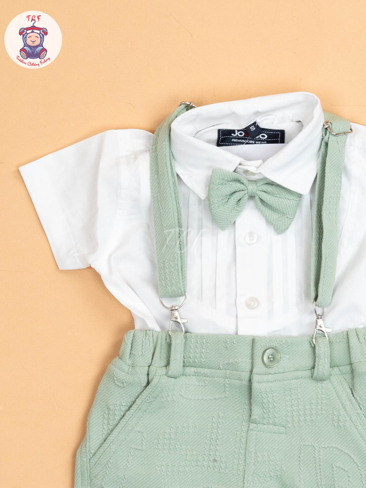 White & Green - Half Sleeves Shirts & Shorts Set With Suspender & Bow