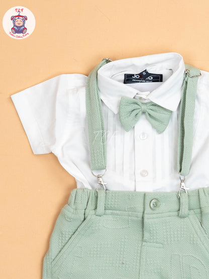 White & Green - Half Sleeves Shirts & Shorts Set With Suspender & Bow