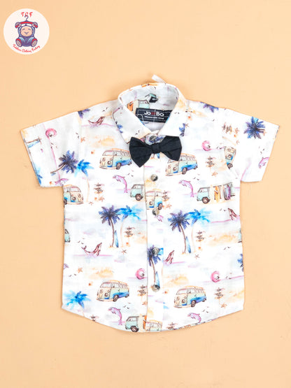 White & Orange -  Half Sleeves Shirts & Shorts Set With Suspender & Bow