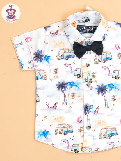 White & Orange -  Half Sleeves Shirts & Shorts Set With Suspender & Bow