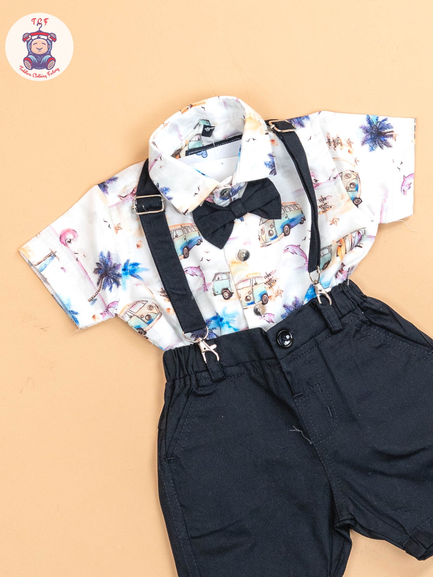 White & Orange -  Half Sleeves Shirts & Shorts Set With Suspender & Bow