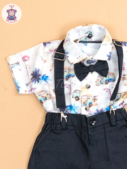 White & Orange -  Half Sleeves Shirts & Shorts Set With Suspender & Bow