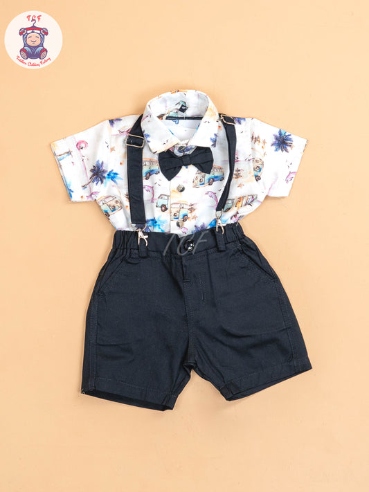 White & Orange -  Half Sleeves Shirts & Shorts Set With Suspender & Bow