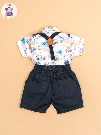 White & Orange -  Half Sleeves Shirts & Shorts Set With Suspender & Bow