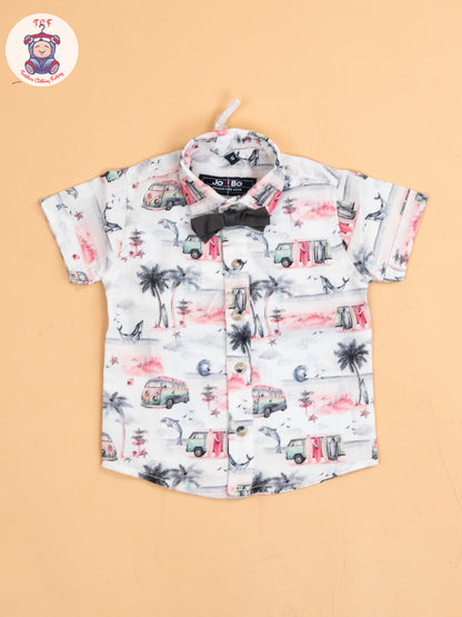 White & Pink Half - Sleeves Shirts & Shorts Set With Suspender & Bow
