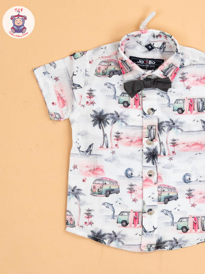 White & Pink Half - Sleeves Shirts & Shorts Set With Suspender & Bow