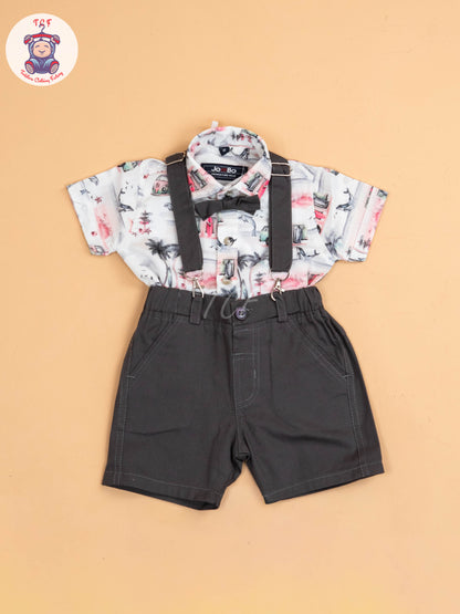 White & Pink Half - Sleeves Shirts & Shorts Set With Suspender & Bow