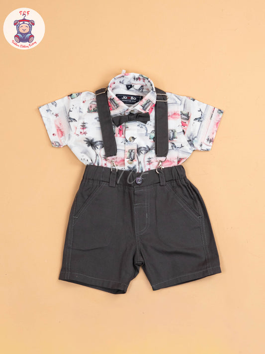 White & Pink Half - Sleeves Shirts & Shorts Set With Suspender & Bow