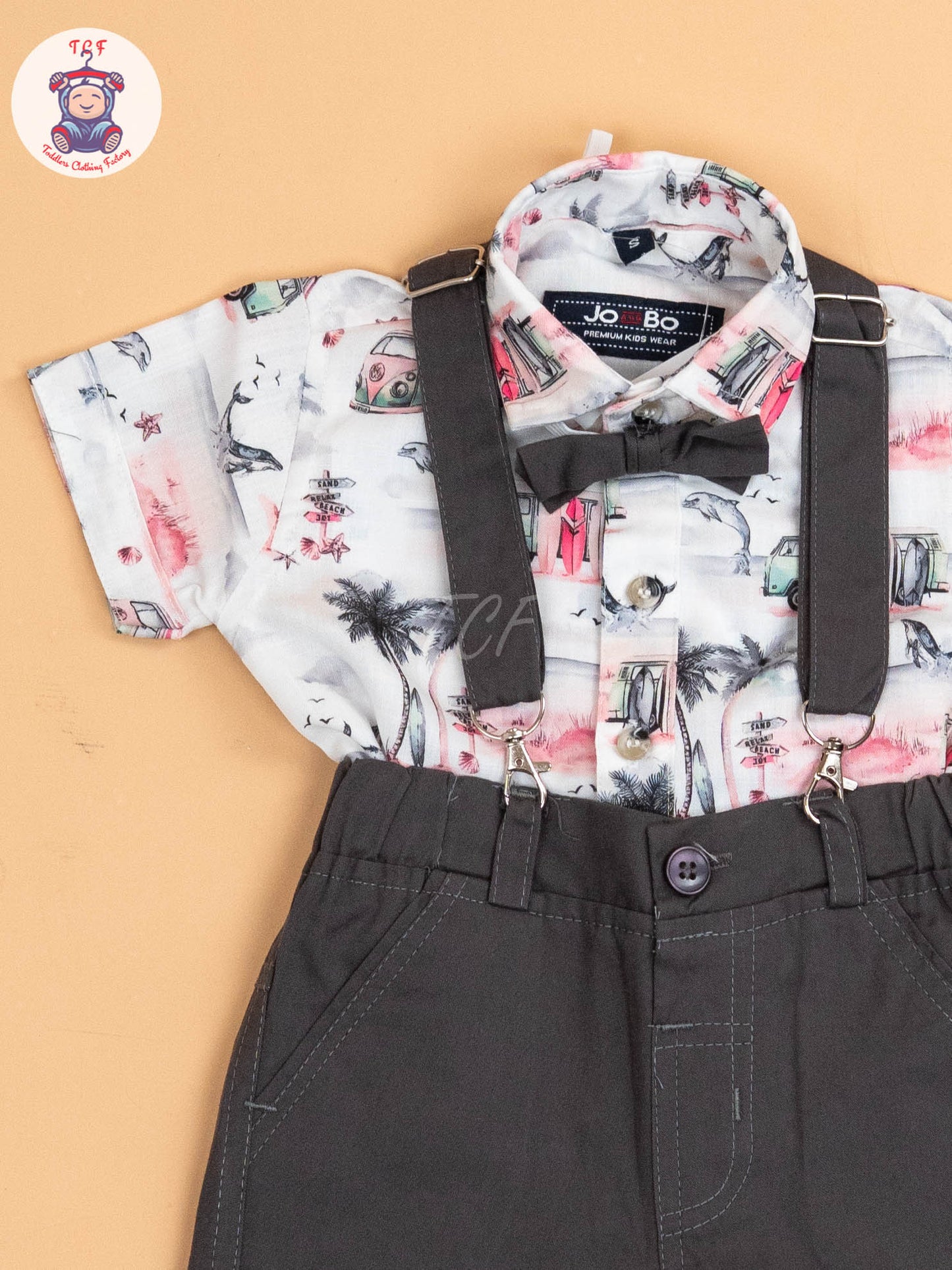 White & Pink Half - Sleeves Shirts & Shorts Set With Suspender & Bow