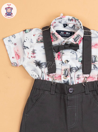 White & Pink Half - Sleeves Shirts & Shorts Set With Suspender & Bow