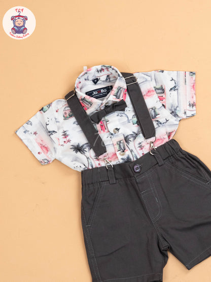 White & Pink Half - Sleeves Shirts & Shorts Set With Suspender & Bow