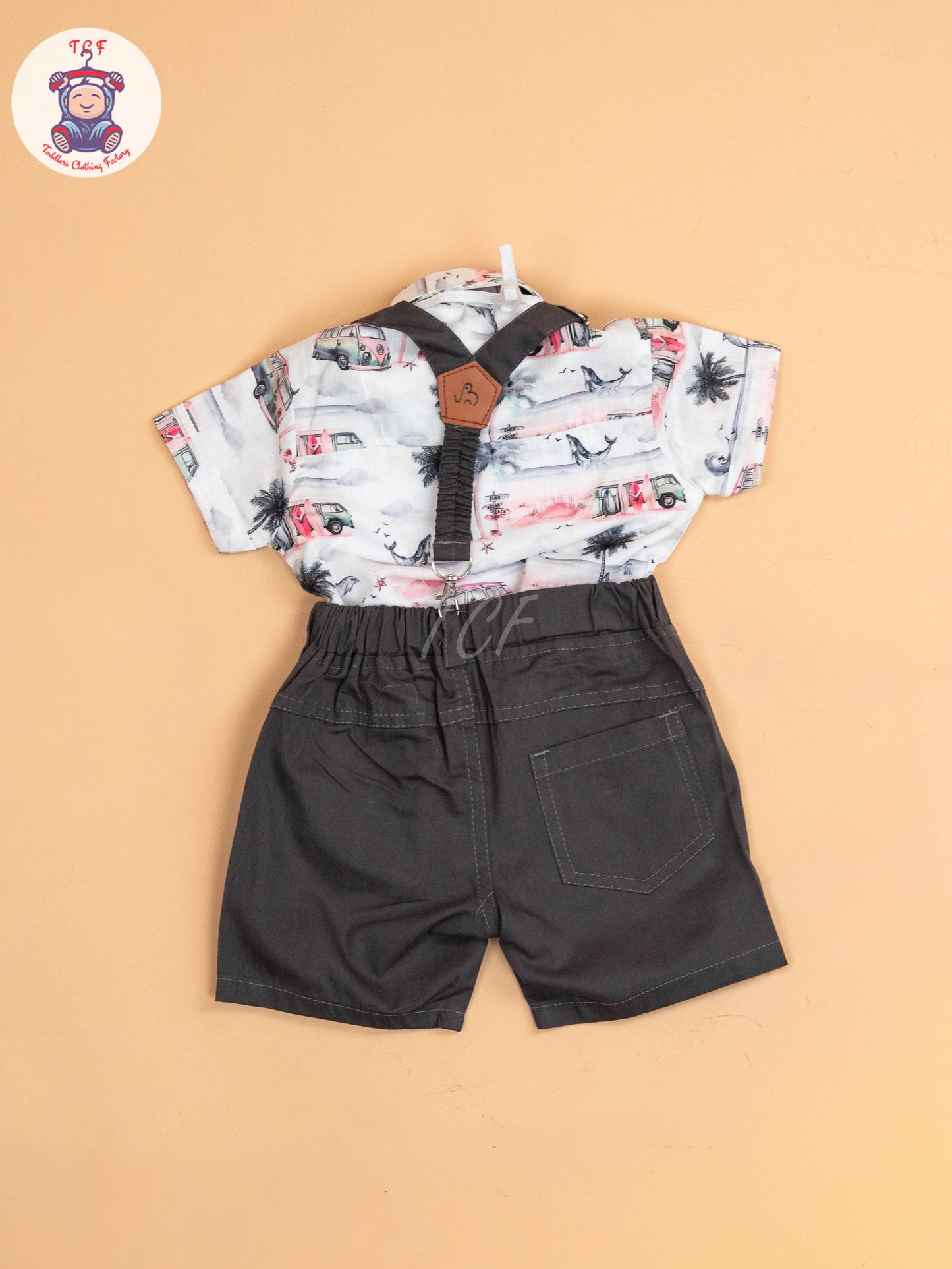 White & Pink Half - Sleeves Shirts & Shorts Set With Suspender & Bow
