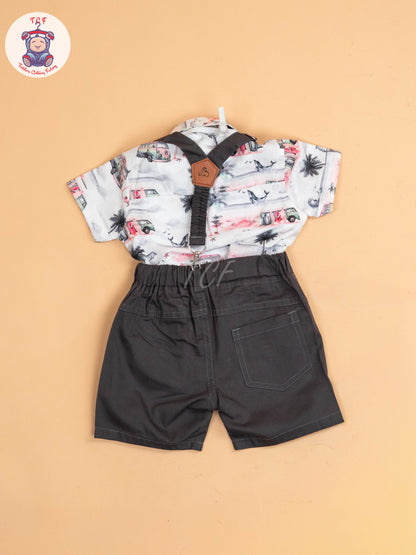 White & Pink Half - Sleeves Shirts & Shorts Set With Suspender & Bow